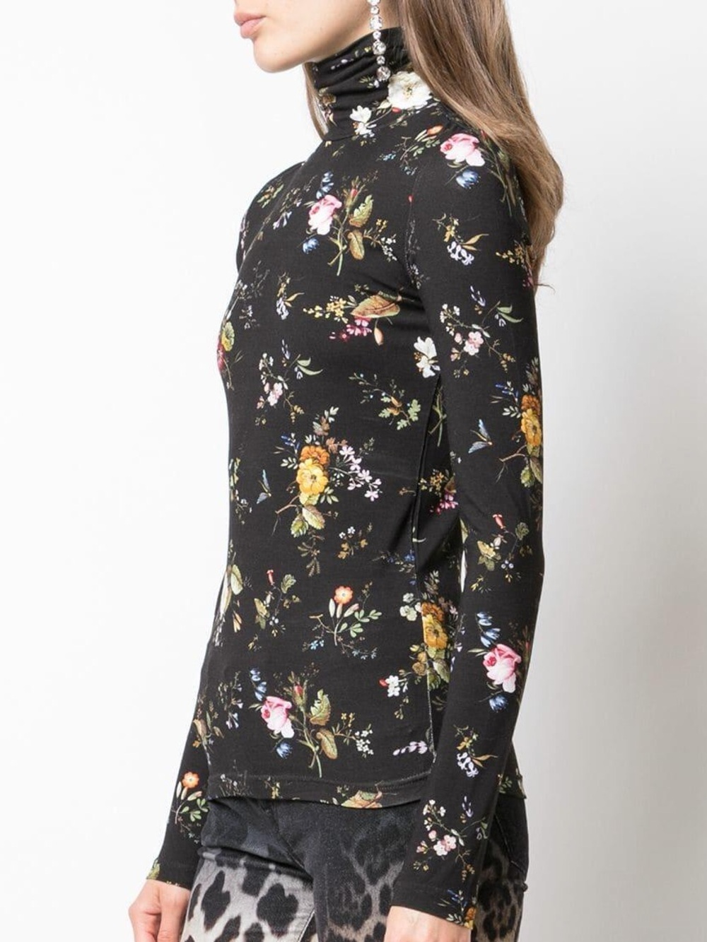 R13 Black Floral Long-Sleeve Turtleneck Top with Multicolor Blooms